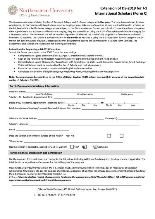 Fillable Northeastern University - Extension Of Ds-2019 For J-1 International Scholars (Form C) Printable pdf