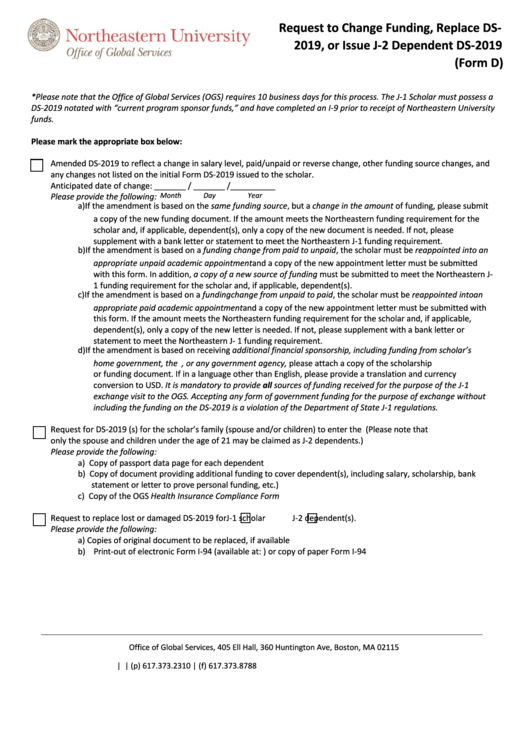 Northeastern University Request To Change Funding, Replace Ds- 2019, Or Issue J-2 Dependent Ds-2019 (Form D) Printable pdf