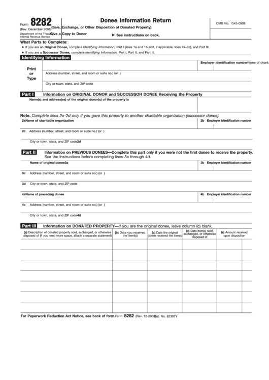 Fillable Form 8282 (Rev. December 2005) - Donee Information Return (Sale, Exchange, Or Other Disposition Of Donated Property) Printable pdf