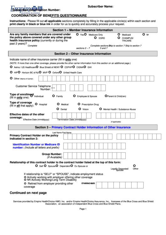 Coordination Of Benefits Questionnaire - Empire Blue Cross Blue Shield Printable pdf