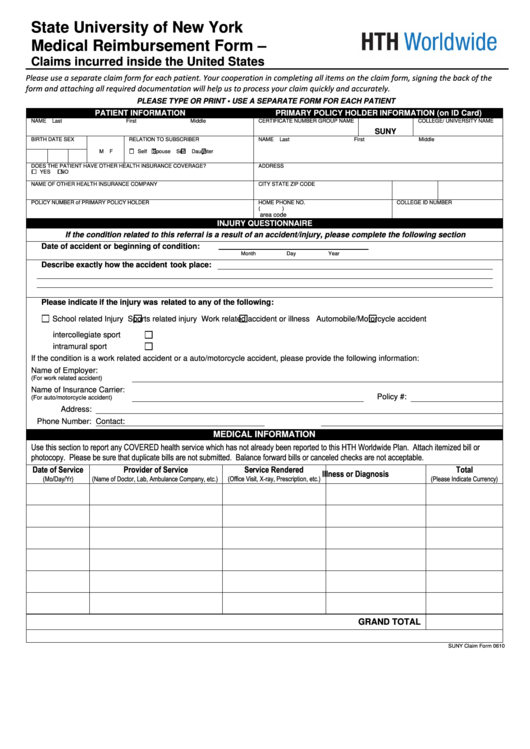State University Of New York Medical Reimbursement Form - Claims Incurred Inside The United States Printable pdf