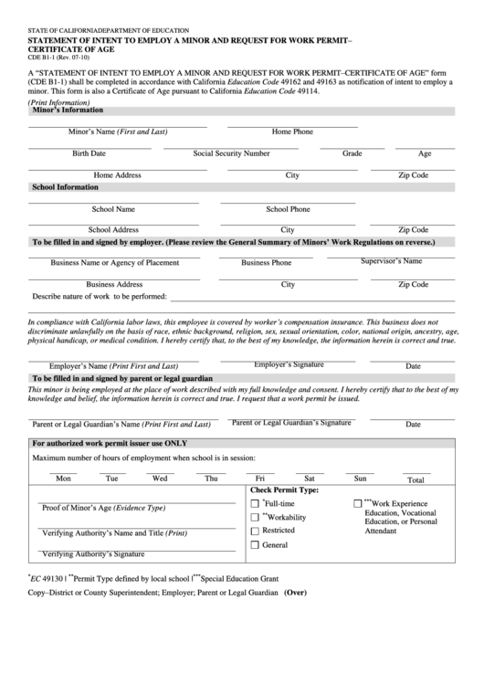 State Of California Department Of Education Statement Of Intent To Employ A Minor And Request For Work Permit- Certificate Of Age Printable pdf