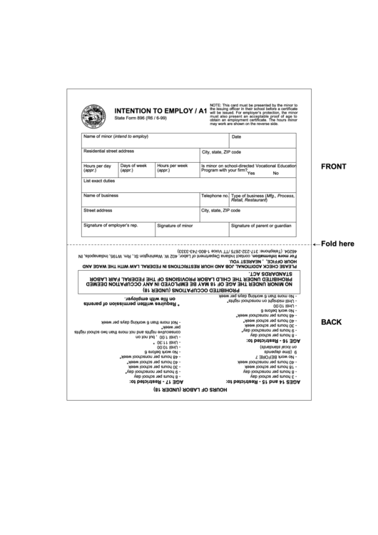 State Form 896 - Intention To Employ / A1 Printable pdf