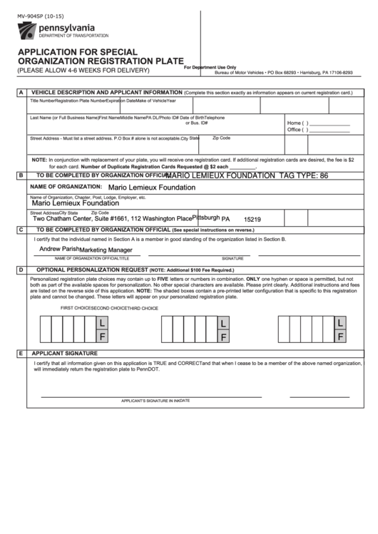 Fillable Form Mv-904sp - Application For Special Organization Registration Plate - Completed By Mario Lemieux Foundation Printable pdf