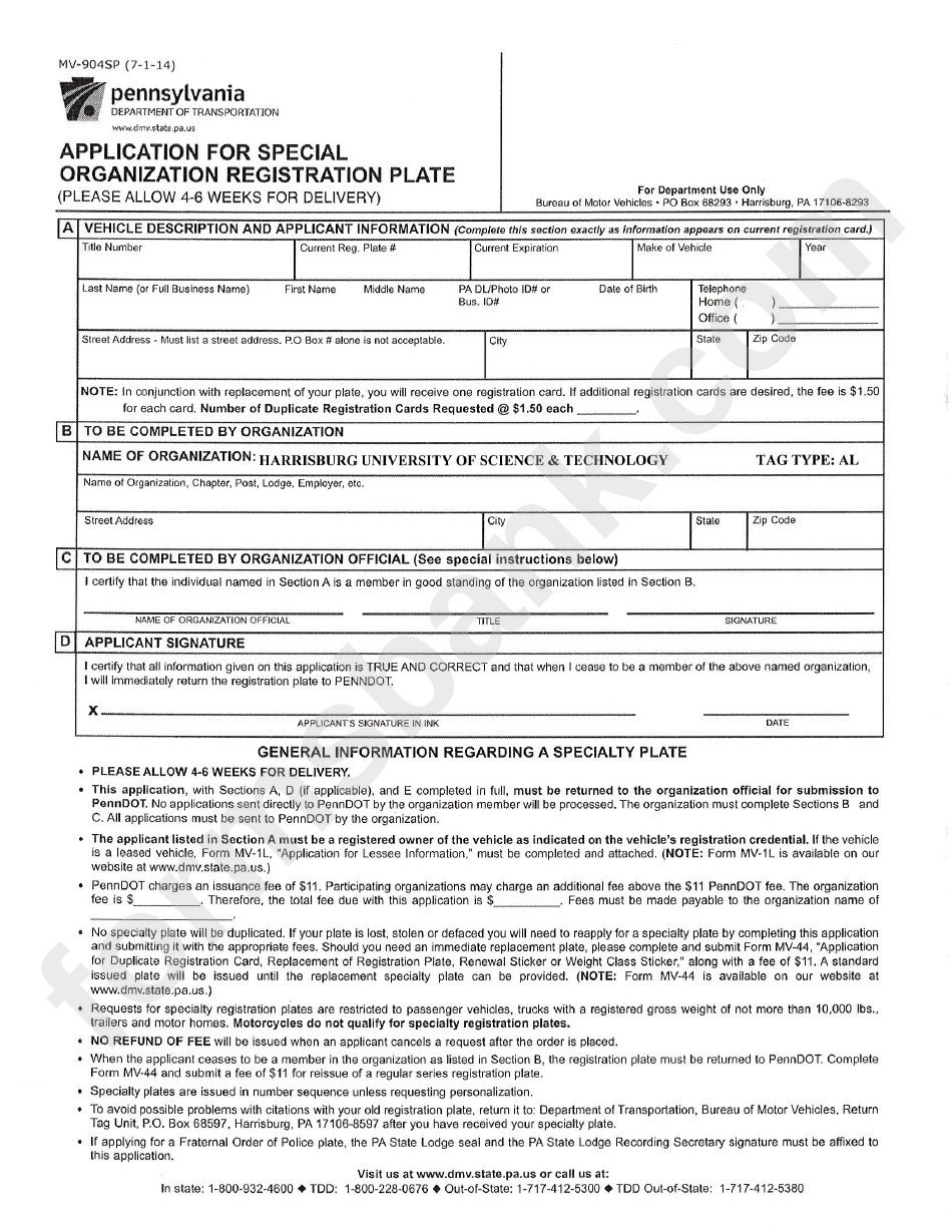 Application For Special Organization Registration Plate - Harrisburg University