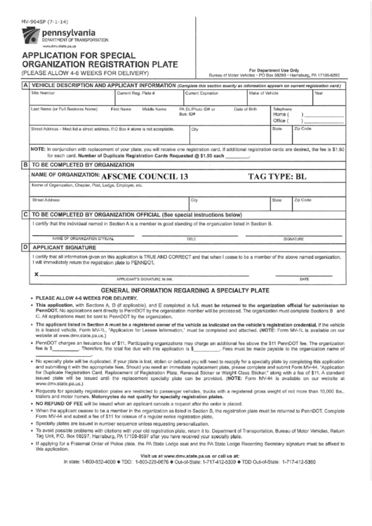 Fillable Application For Special Organization Registration Plate - Afscme Council 13 Printable pdf