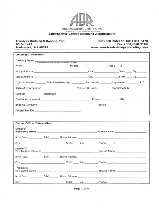 Contractor Credit Account Application - American Building And Roofing Printable pdf