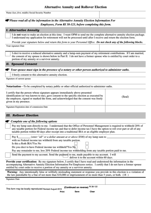 Fillable Form Ri 38-122 - Alternative Annuity And Rollover Election - Thrift Savings Plan Printable pdf