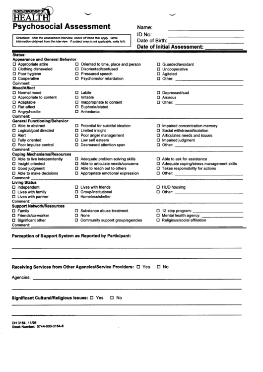 Psychosocial Assessment Form - Florida Department Of Health Printable pdf