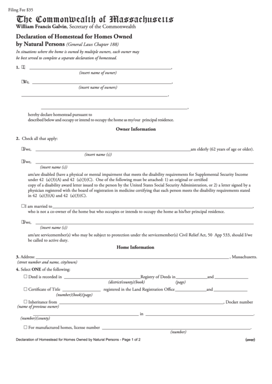 Fillable Declaration Of Homestead For Homes Owned By Natural Persons Form Printable pdf
