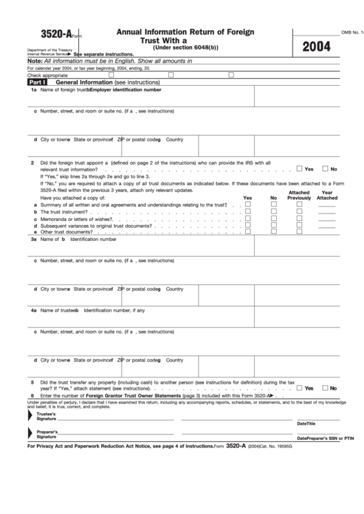 Fillable Form 3520-A - Annual Information Return Of Foreign Trust With A U.s. Owner - 2004 Printable pdf