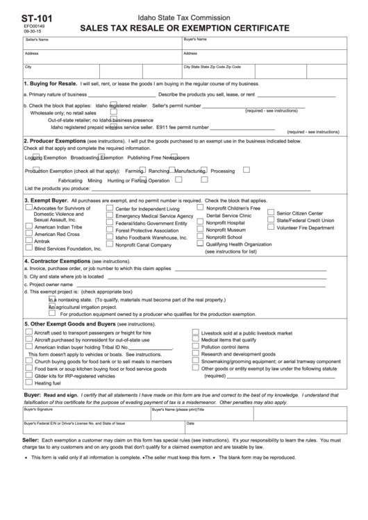 Fillable Form St-101 - Sales Tax Resale Or Exemption Certificate - 2015 Printable pdf