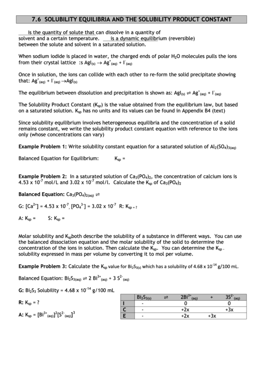 Solubility Equilibria And The Solubility Product Constant (Chemistry Worksheet) Printable pdf