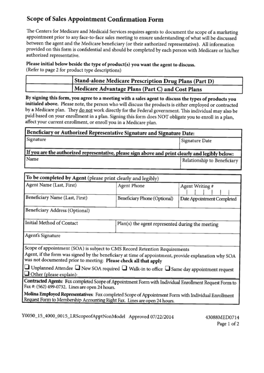 Scope Of Sales Appointment Confirmation Form Printable pdf