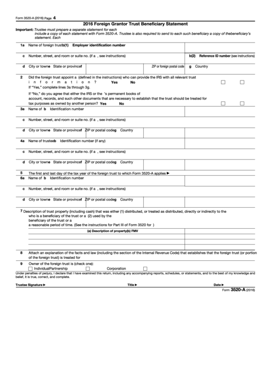Fillable Form 3520-A - Foreign Grantor Trust Beneficiary Statement - 2016 Printable pdf