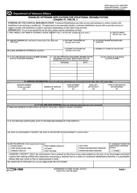 Fillable Va Form 28-1900 - Disabled Veterans Application For Vocational Rehabilitation Printable pdf