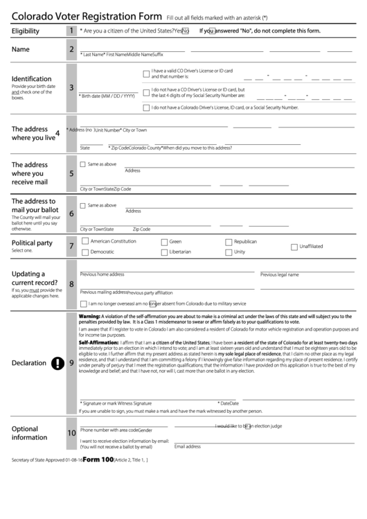 Fillable Form 100 Colorado Voter Registration Form Printable pdf