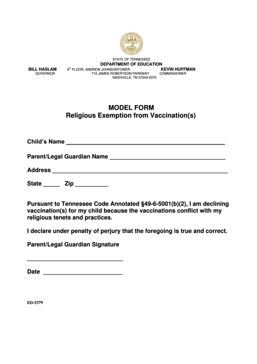 Model Form Religious Exemption From Vaccination(S) printable pdf download
