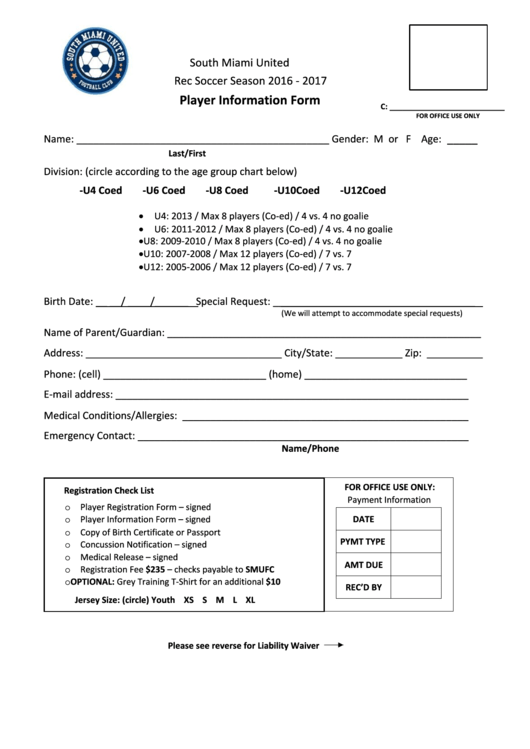 Player Information Form - Smufc Printable pdf
