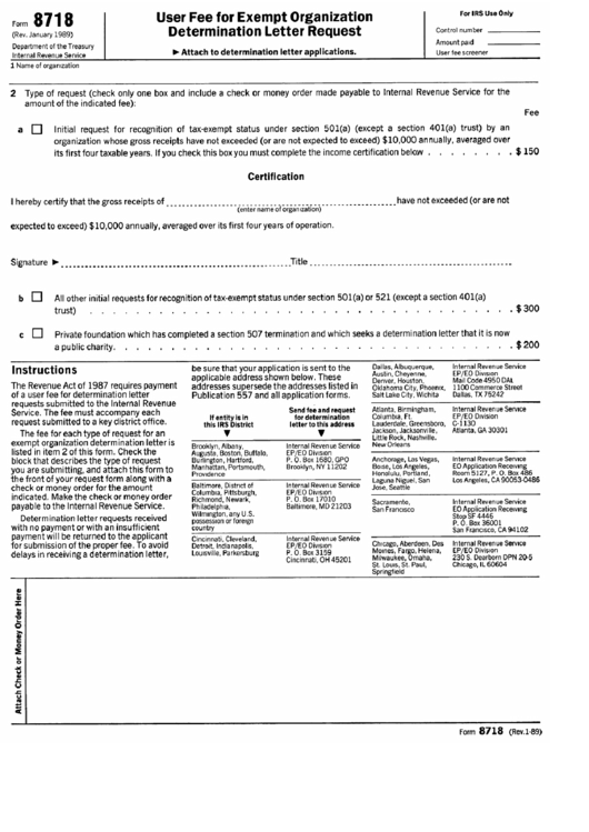 Form 8718 (Rev. 01-1989) Printable pdf