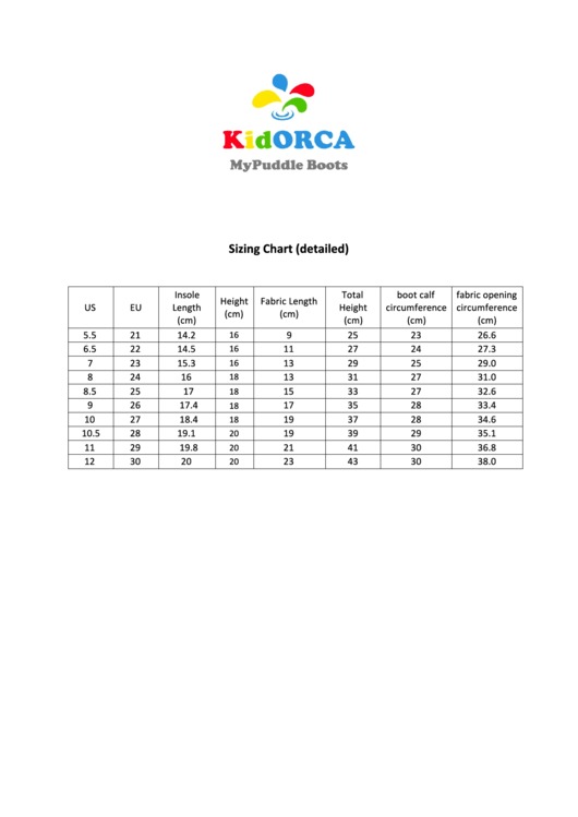 Kidorca Rubber Boots Size Chart (Detailed) Printable pdf