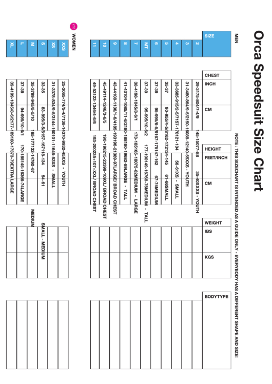 Orca Speedsuit Size Chart Printable pdf