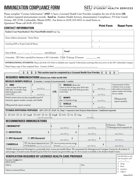 Fillable Immunization Compliance Form - Siu Student Health Services Printable pdf
