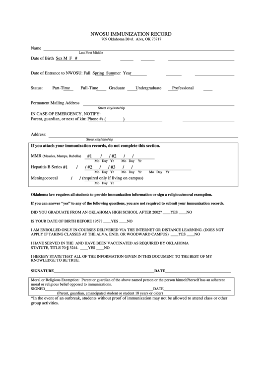 Immunization Form - Northwestern Oklahoma State University Printable pdf