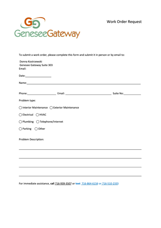 Work Order Request Form - Genesee Gateway Printable pdf