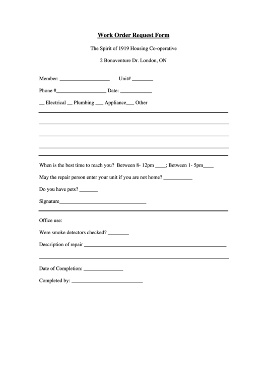 Work Order Request Form - Spirit Of 1919 Housing Co-Operative Printable pdf