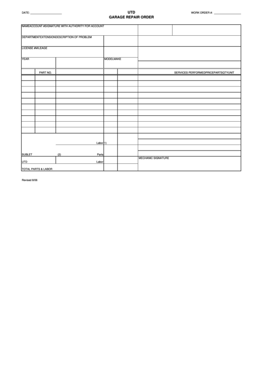 fillable garage repair order form printable pdf download