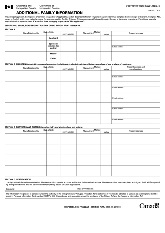 Fillable Additional Family Information - Citoyennete Et Immigration Canada Printable pdf