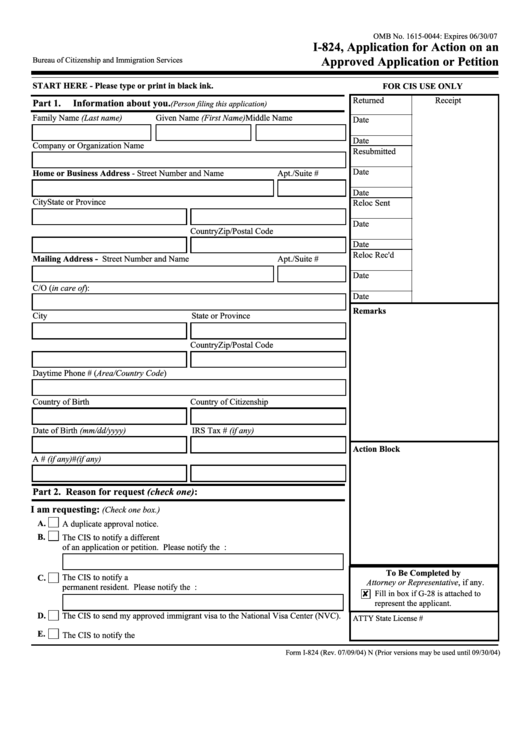 Fillable I-824, 2004, Application For Action On An Approved Application Or Petition Printable pdf