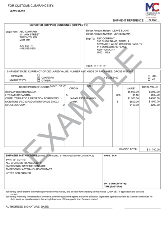 Customs Invoice Example - Mendelssohn Commerce Printable pdf