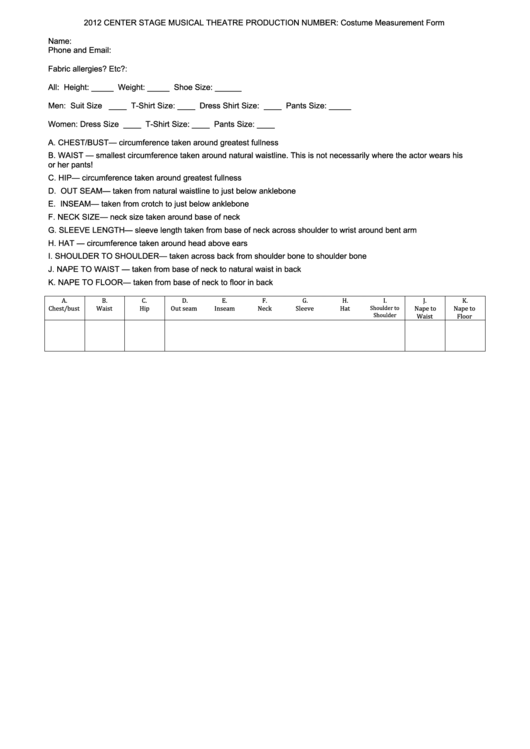 2012 Center Stage Musical Theatre Production Number: Costume Measurement Form Printable pdf