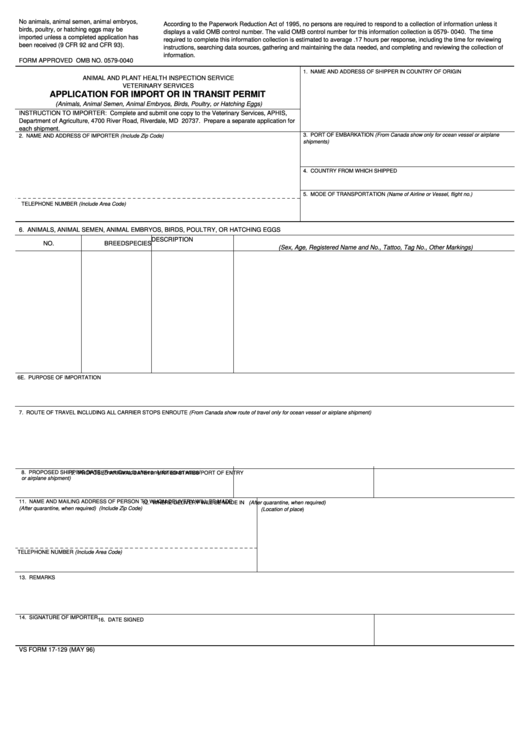 Fillable Vs Form 17-129 - Application For Import Or In Transit Permit Printable pdf