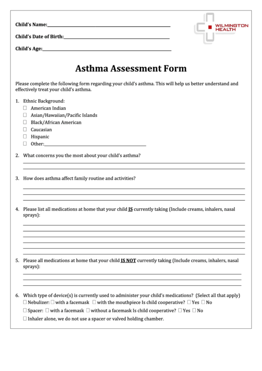Asthma Assessment Form Printable pdf