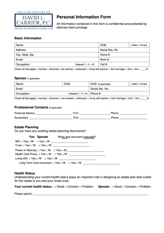 Fillable Personal Information Form - David L. Carrier Printable pdf