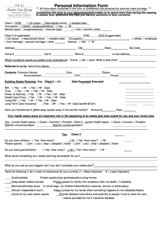 Personal Information Form - Streeter Law Group Printable pdf