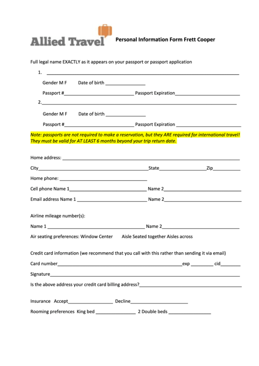 Personal Information Form Frett Cooper - Allied Travel Printable pdf