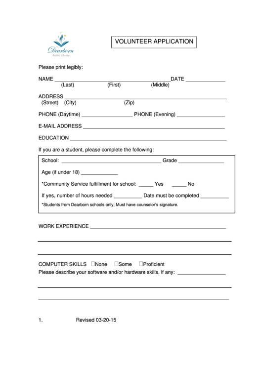 Volunteer Application - Dearborn Public Library Printable pdf