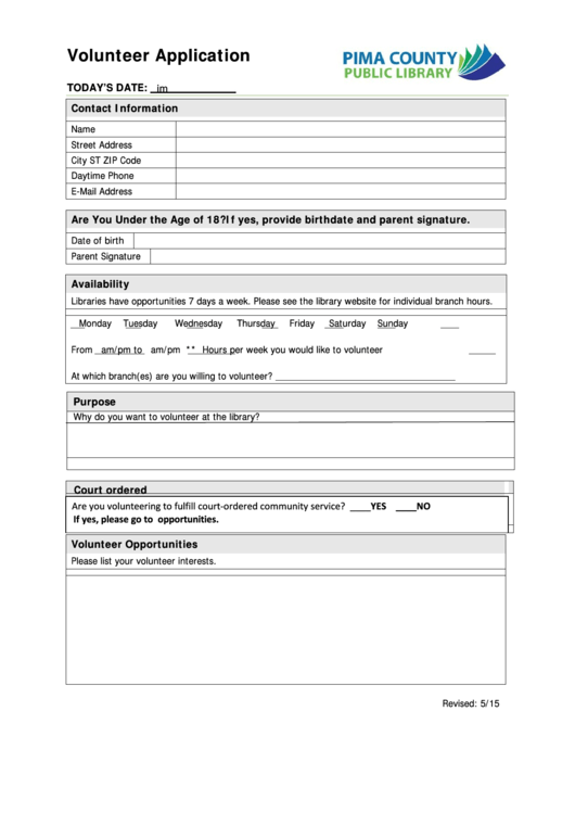 Fillable Volunteer Application Printable pdf