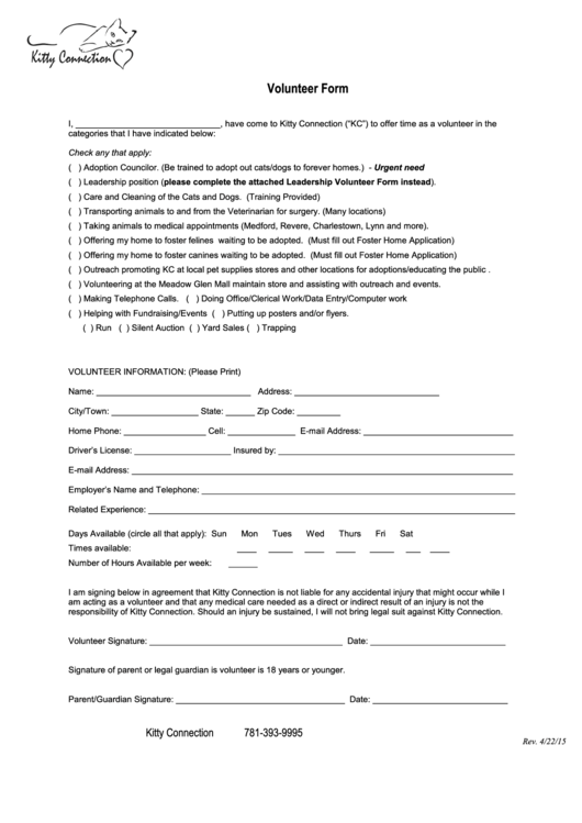 Volunteer Application - Kitty Connection Printable pdf