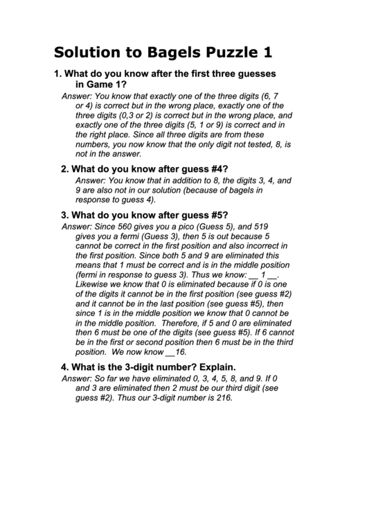 Bagels Puzzle 1 Answer Printable pdf