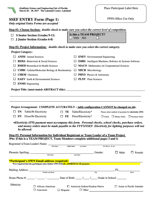 Fillable Ssef Entry Form (Page 1) - Ssef Florida Printable pdf