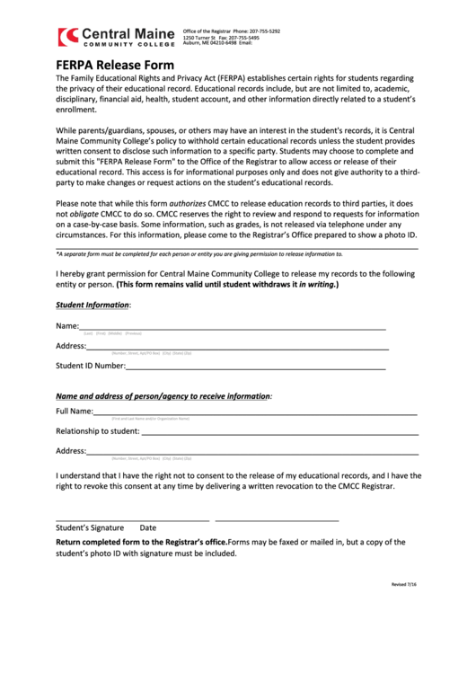 Ferpa Release Form - Central Maine Community College Printable pdf