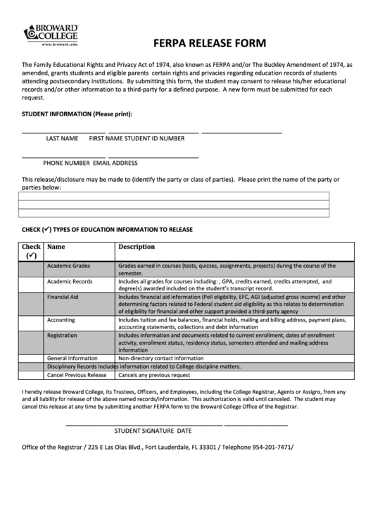 Fillable Ferpa Release Form - Broward College Printable pdf