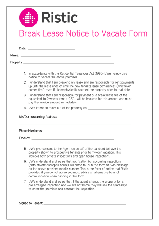 Break Lease Notice To Vacate Form - Ristic Real Estate Printable pdf