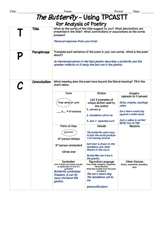 Using Tpcastt For Analysis Of Poetry Activity Sheet Printable pdf