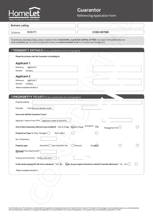 Guarantor Form - Bulmers Letting Printable pdf